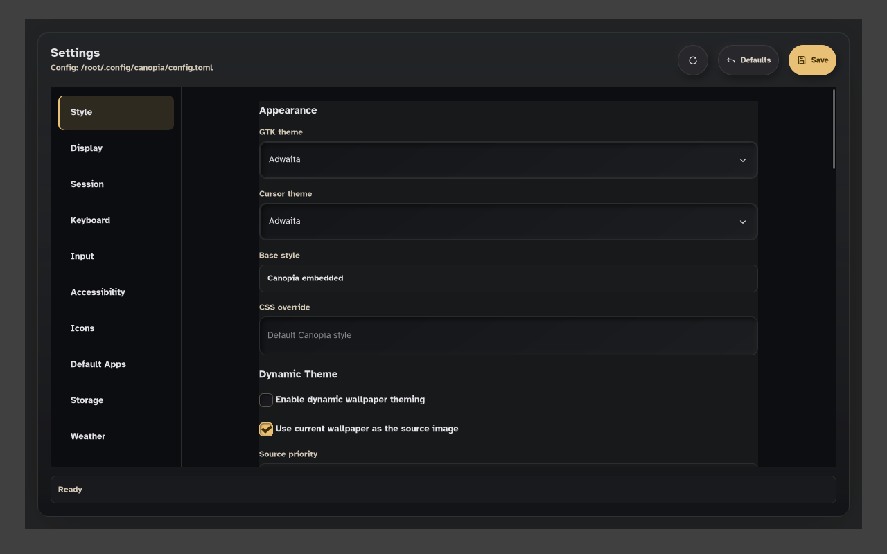 Canopia settings application